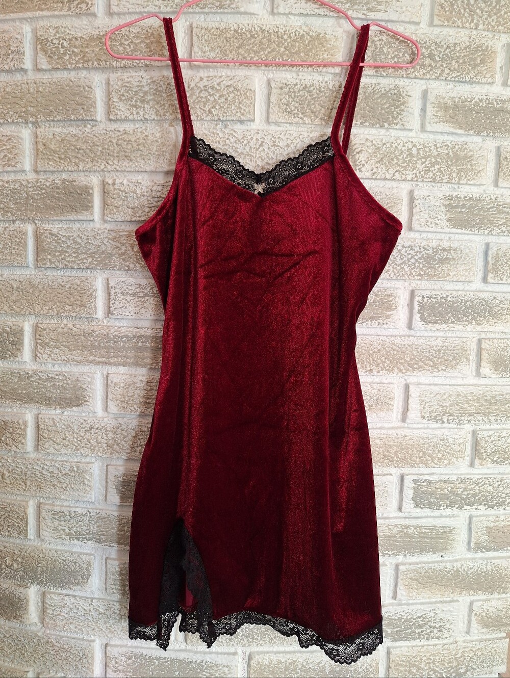 Velvet and Lace Split Hem Slip Dress with Metal Rhinestone Butterfly Charm S